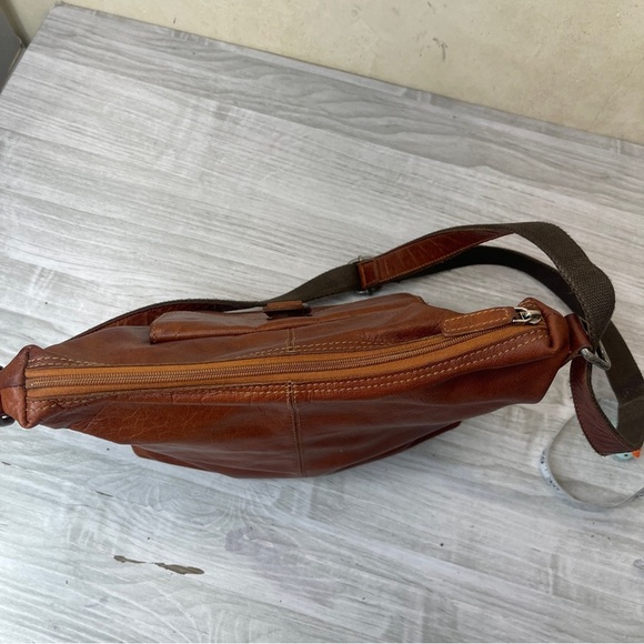 Jack Georges Brown Buffalo Leather Voyager Zip Crossbody Bag w/ Canvas Strap - Picture 3 of 16